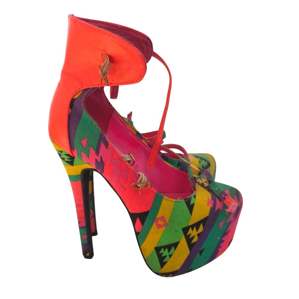 Womens Wild Colorful Aztec Print Stiletto Heels Platform‎ Ankle Strap Shoes